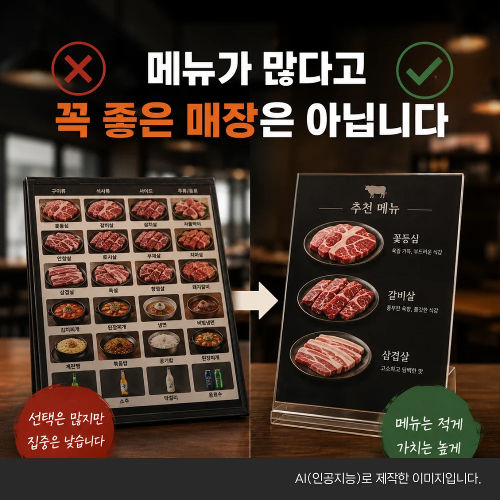 메뉴가 많다고 꼭 좋은 매장은 아니라는 내용의 이미지